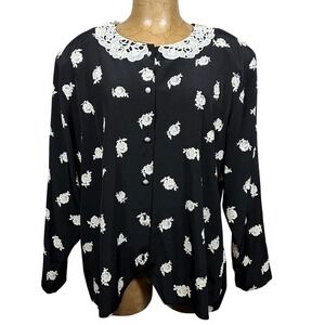 Venezia Vintage 90s Black Floral Lace Collar Pearl Button Blouse Granny Twee